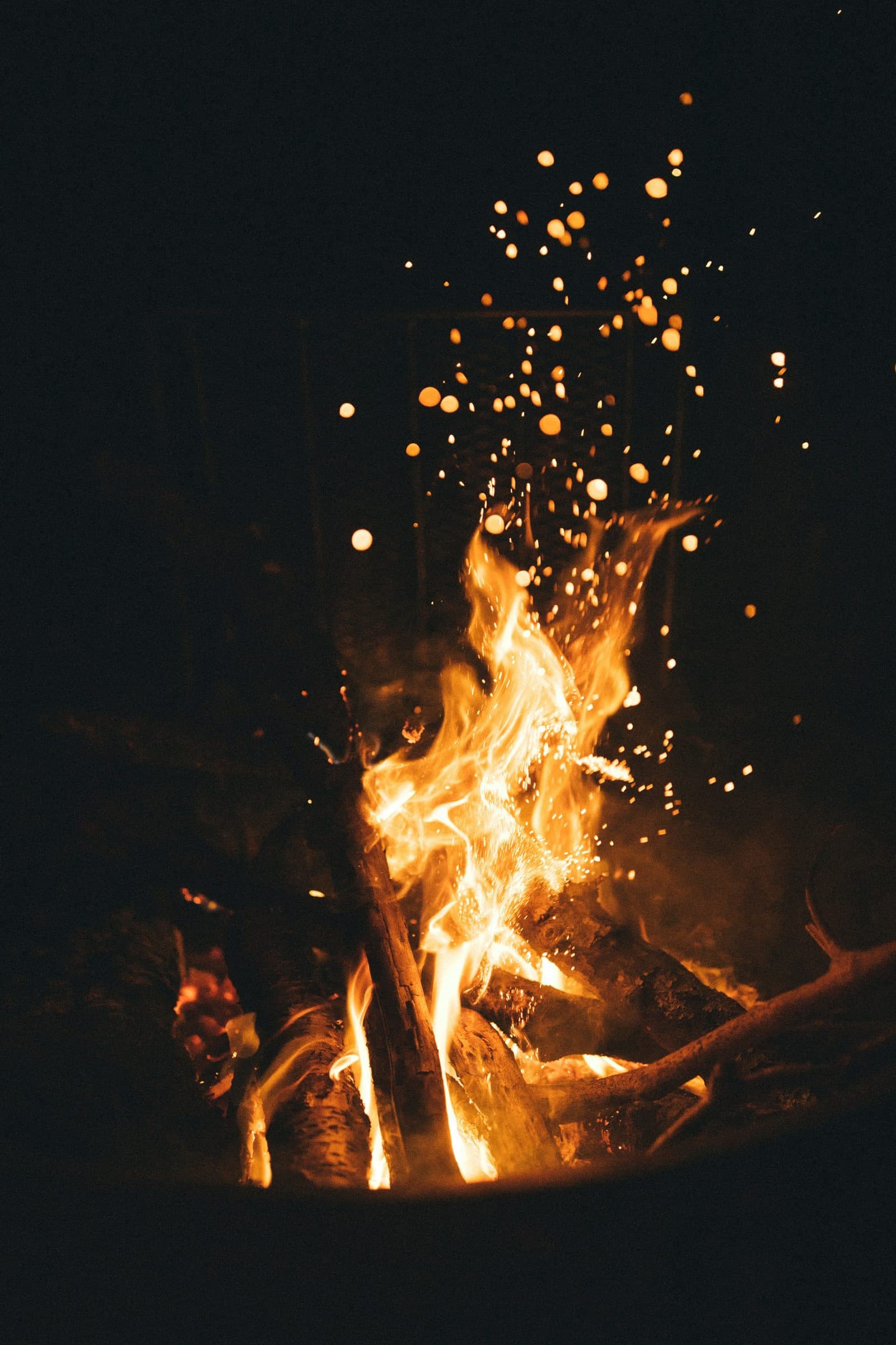 A fire throwing sparks up into the dark.